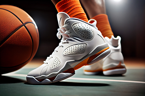White pro noname sneakers with basketball on court. Legs of a professional player with a ball close-up. AI generative.