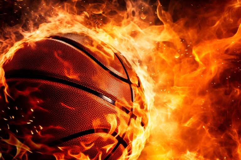 Flaming basketball flies through black background, poster, basketball is a popular sport around the world, AI generative content, copy space.