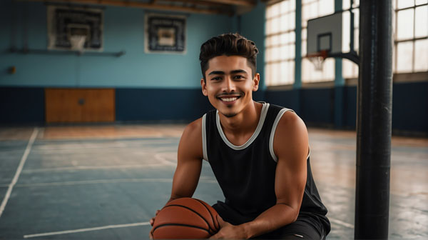 Young handsome male mexican hispanic athlete on black jersey uni