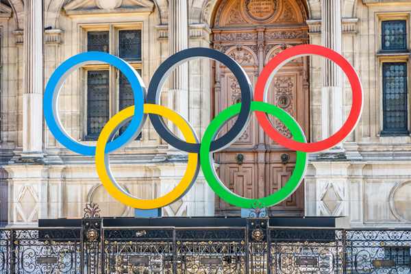 Olympic rings of Paris 2024 summer games on Place de l'Hotel de